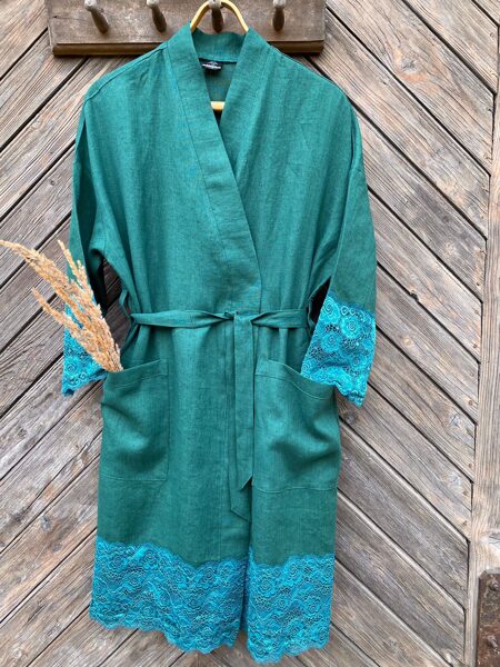 Dark green linen robe with laces
