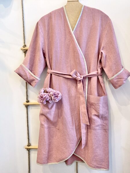 Violet-pink 100% softened linen women's robe, size M/L