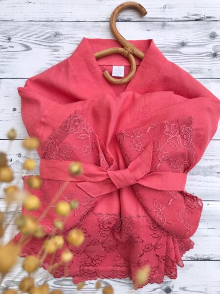 Coral pink softened linen women's robe with laces