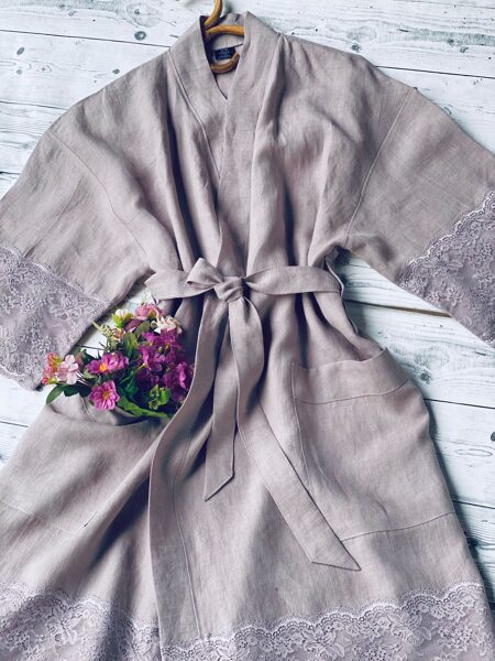 Light violet-gray women's linen robe with laces