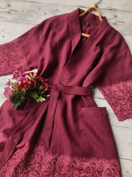 Dark red-burgundy linen robe with laces