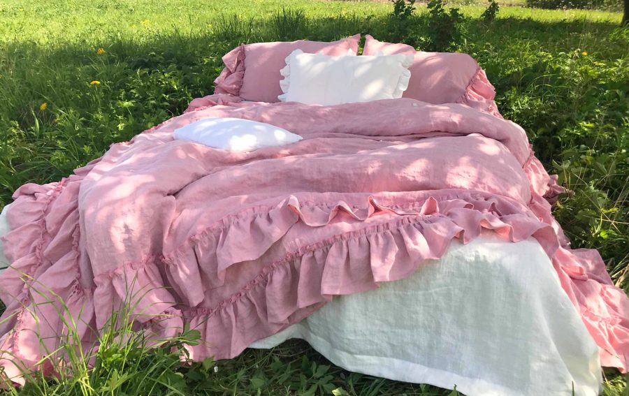 Double Ruffle linen bed sheet-throw OLD PINK