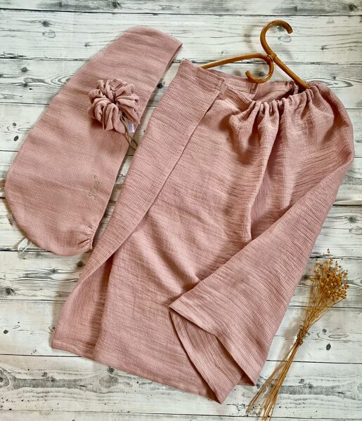 Pirts kleita-dvielis ar aizdari 100% lins vafeļveida struktūra- maigi vec-rozā krāsa